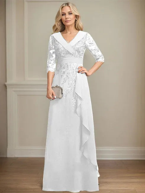 A-Linien Kleid mit Kragen, V-Ausschnitt, bodenlang, aus Spitze und Chiffon, Mutter der Braut Kleid mit Pailletten und fallenden Rüschen
