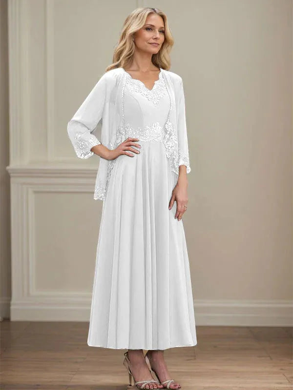 A-Linien Kleid mit V-Ausschnitt, knöchellang, aus Chiffon, Mutter der Braut Kleid mit Pailletten, Applikationen, Spitze und Perlenbesatz