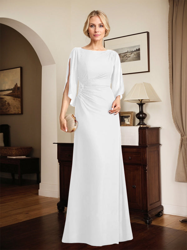Etuikleid/Säule Rundhals bodenlanges Chiffon Kleid der Brautmutter mit plissierten Perlen