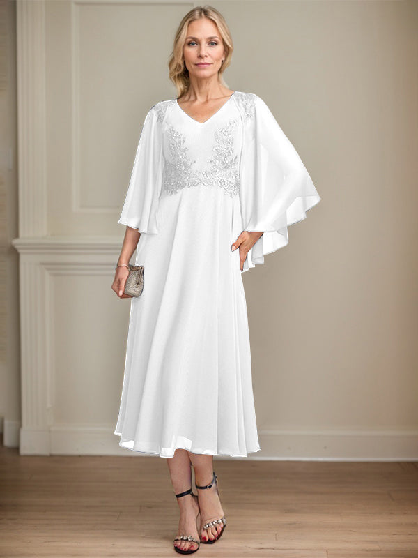 A-Linien-Brautmutterkleid aus Chiffon, V-Ausschnitt, tea-length mit Spitze, Pailletten und Perlen