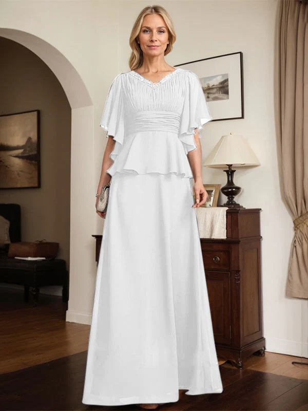 A-Linien Chiffon-Mutter-der-Braut-Kleid mit V-Ausschnitt, bodenlang, plissierte Perlenverzierung