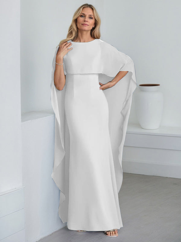 Etui-Kleid mit Rundhalsausschnitt, bodenlang, Chiffon, Mutter-der-Braut-Kleid mit kaskadierenden Rüschen