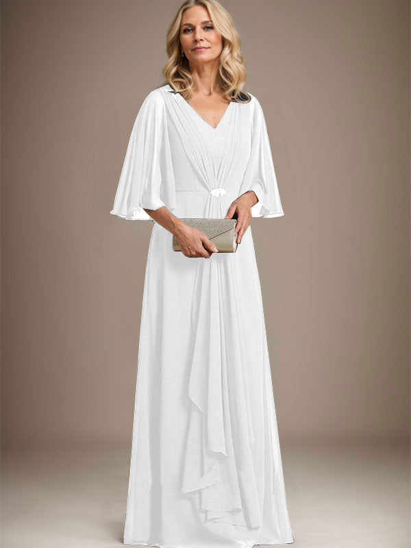 A-Linien V-Ausschnitt Bodenlanges Chiffon Kleid für die Brautmutter mit kaskadierenden Rüschen und Kristallbrosche