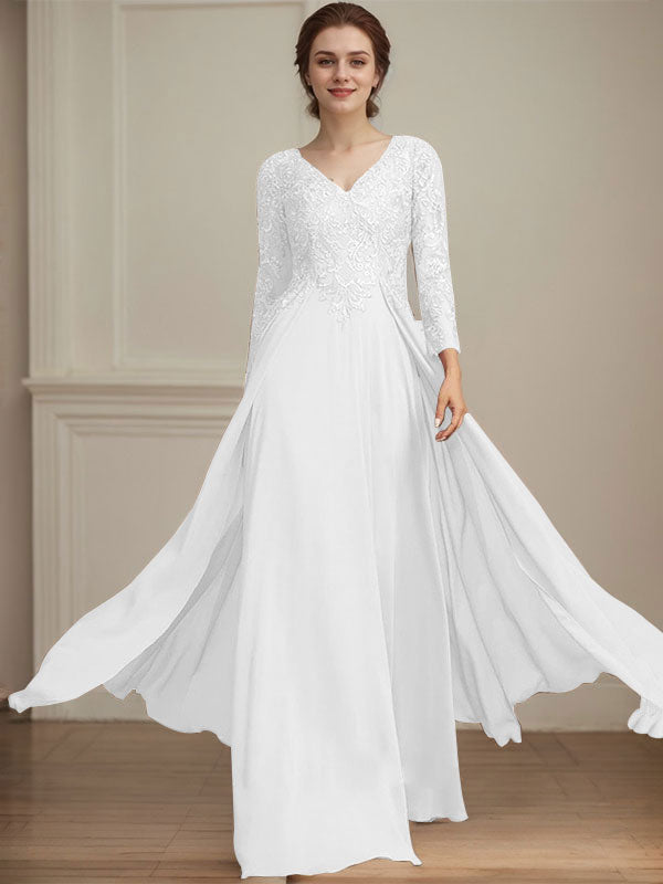 A-Linien V-Ausschnitt Bodenlanges Spitzen-Chiffon Kleid für die Brautmutter mit Pailletten