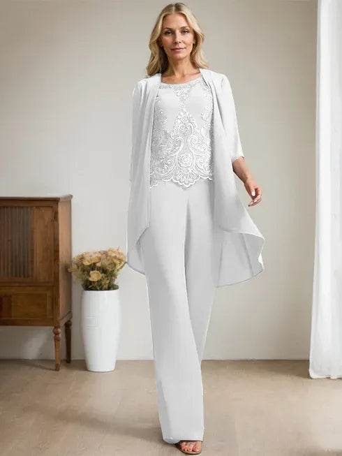 Zweiteiler Jumpsuit/Hosenanzug mit Rundhalsausschnitt, bodenlanges Chiffon-Spitzenkleid für die Mutter der Braut mit Perlen und Pailletten
