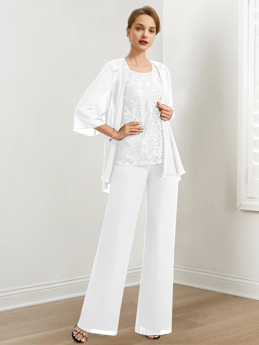 Chiffon Hosenanzüge für die Brautmutter mit Pailletten und Jacke