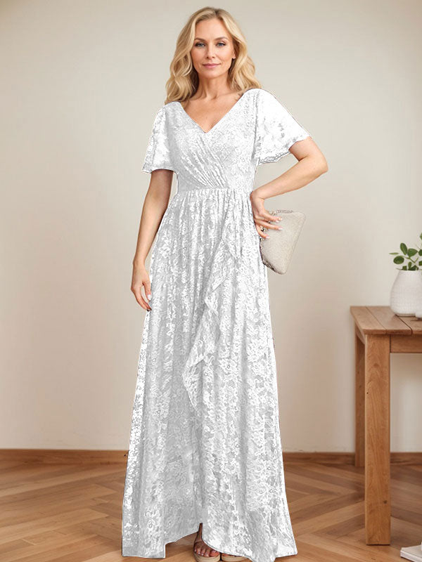 A-Linien Spitzen-Mutter-der-Braut-Kleid mit V-Ausschnitt, asymmetrisch und mit kaskadierenden Rüschen