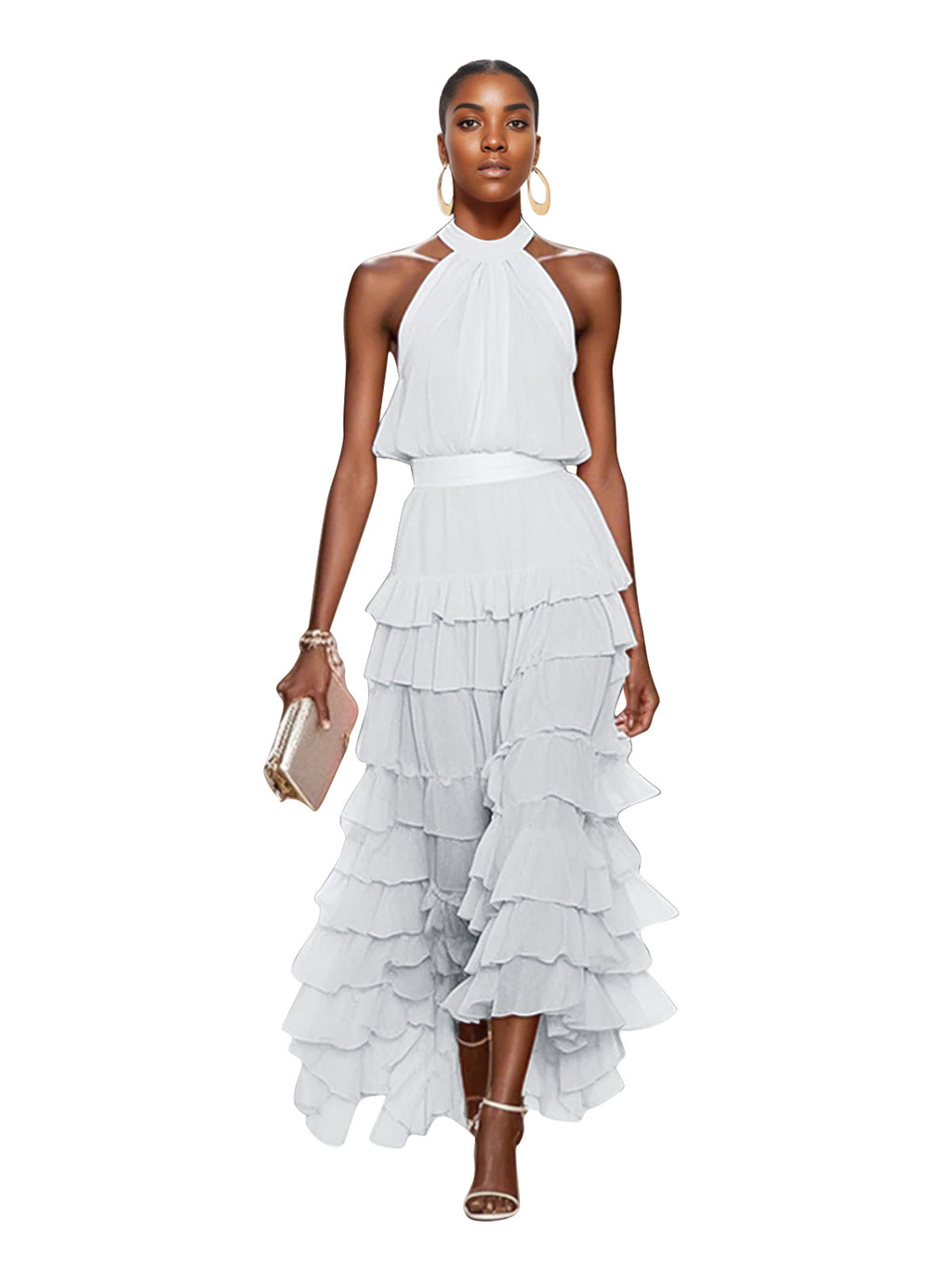 A Line Pink Chiffon Halter Neck Sleeveless Ankle Length Dress With Cascading Ruffles