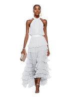 A Line Pink Chiffon Halter Neck Sleeveless Ankle Length Dress With Cascading Ruffles