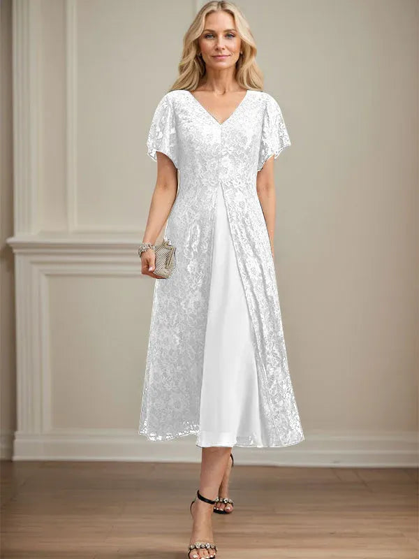Robe mère de la mariée ligne A en dentelle et mousseline à col en V longueur thé