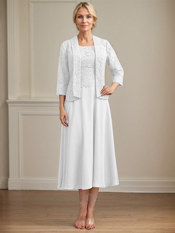 A-Linien Kleid mit Rundhalsausschnitt, tea-länge, Spitze und Chiffon, Mutter der Braut Kleid