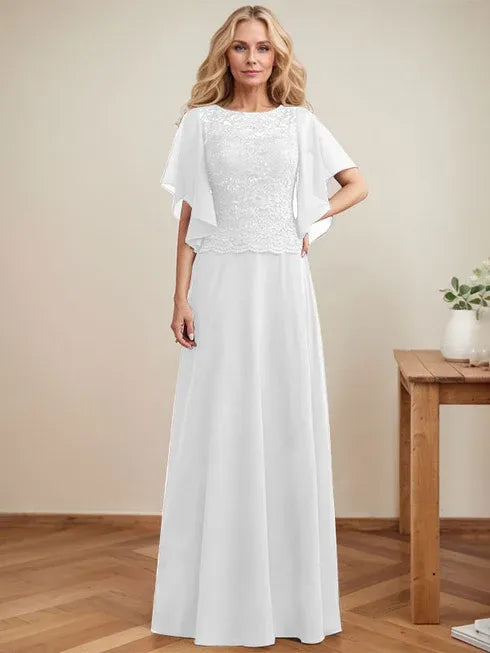 A-Linien Rundhals Illusions-Bodenlanges Spitzen-Chiffon Mutter-der-Braut-Kleid mit Pailletten