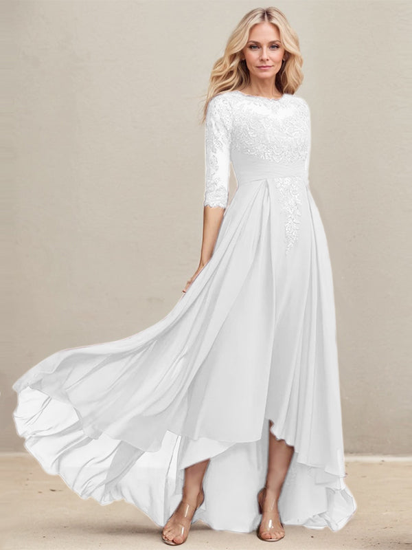 A-Linien Ausschnitt Illusions Asymmetrisches Spitzen-Chiffon Kleid für die Mutter der Braut mit plissierten Pailletten
