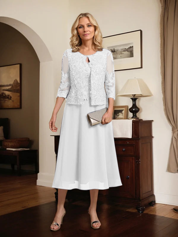 A-Linien Spitzen-Chiffon-Brautmutterkleid mit V-Ausschnitt, tea-length, mit Pailletten