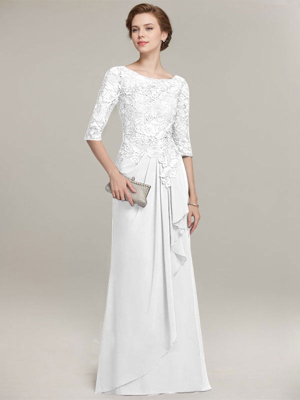 A-Linien Rundhalsausschnitt Illusions bodenlanges Spitzen-Chiffon Mutter der Braut Kleid mit kaskadierenden Rüschen