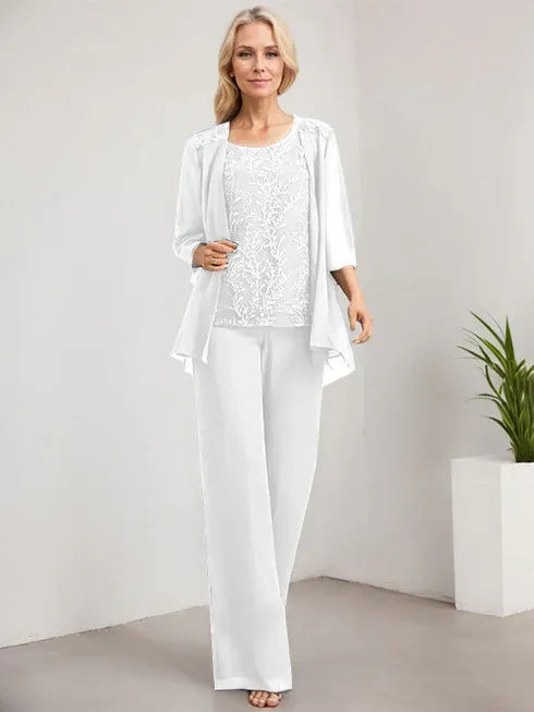 Zweiteiler Jumpsuit/Hosenanzug U-Ausschnitt bodenlanges Spitzen Chiffon Mutter der Braut Kleid mit Pailletten