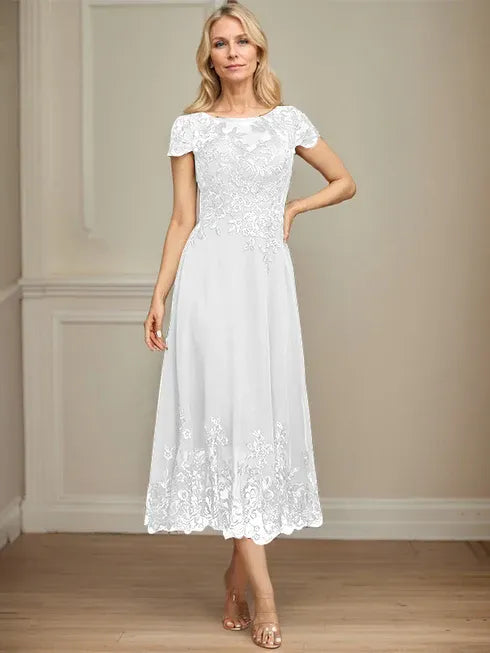 A-Linien Illusions Rundhals tea-langes Spitzenchiffon Mutter der Braut Kleid mit Pailletten