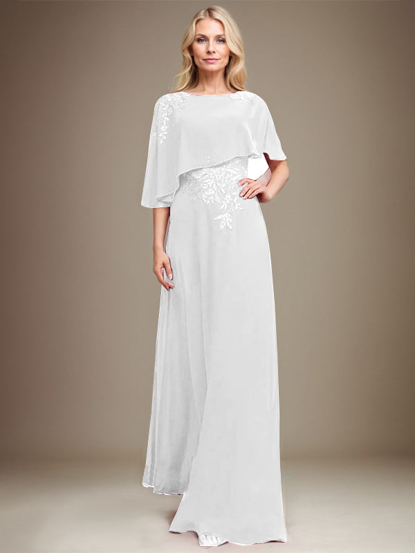 A-Linie Rundhals Bodenlanges Chiffon-Spitzenkleid für die Brautmutter mit Pailletten und Perlen