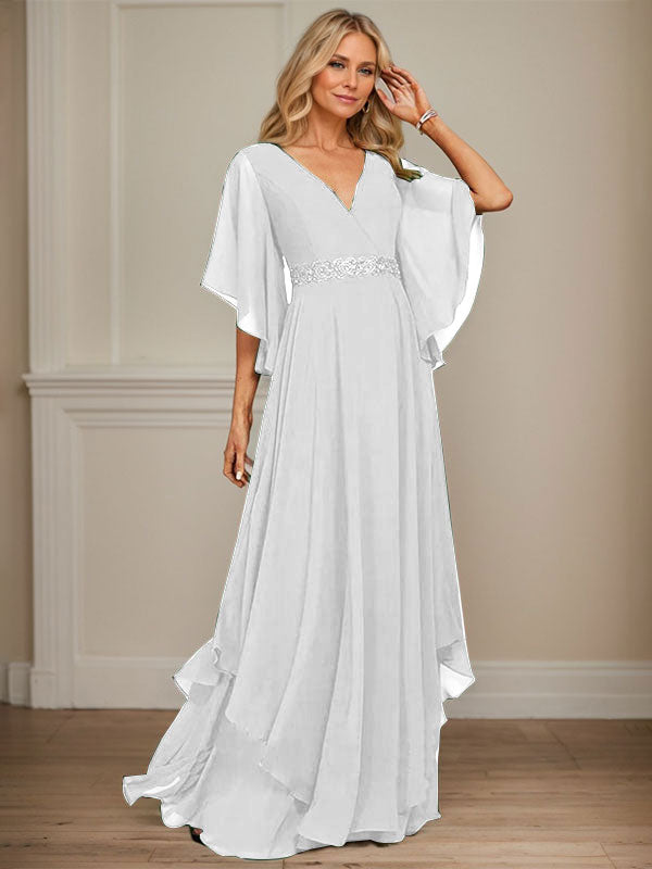 A-Linien V-Ausschnitt bodenlanges Chiffon-Mutter-der-Braut-Kleid mit Pailletten-Applikationen, Spitze und Perlen