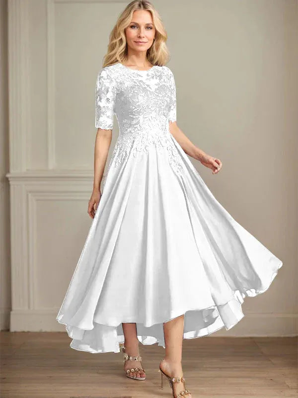 A-Linien Scoop-Ausschnitt Illusion asymmetrisches Chiffon-Spitzen-Mutter-der-Braut-Kleid mit Pailletten
