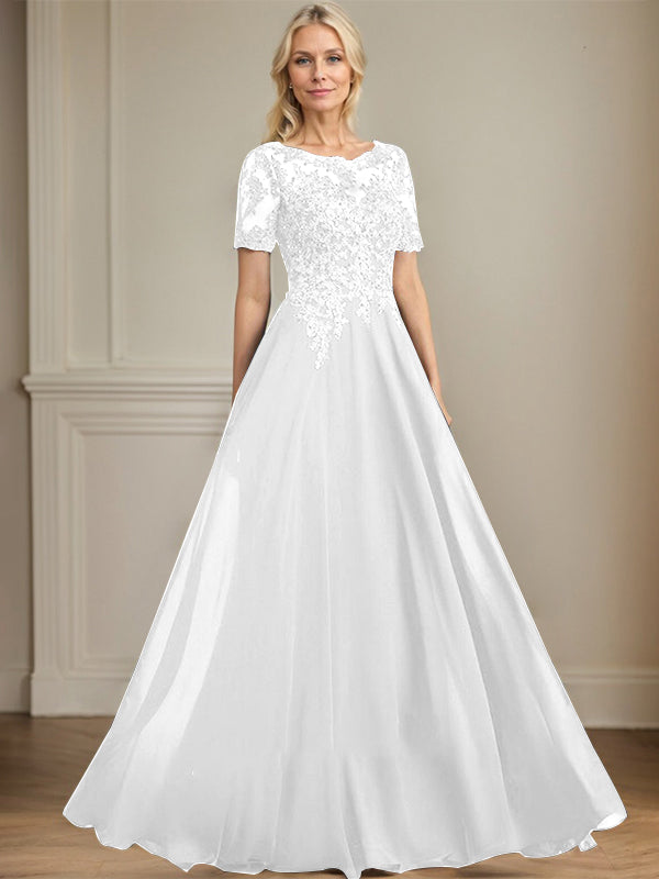 A-Linien Rundhals Illusions-Bodenlanges Chiffon-Spitzenkleid für die Mutter der Braut mit Pailletten und Perlen