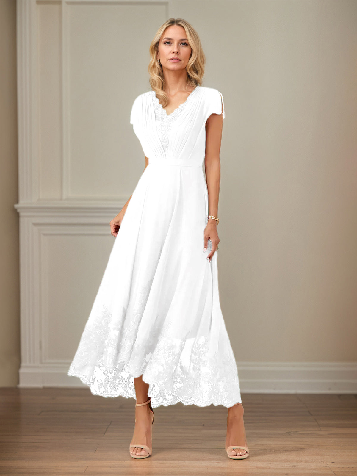 A-Linien Chiffon Kleid mit V-Ausschnitt, flatternden Ärmeln, knöchellang mit Applikationen