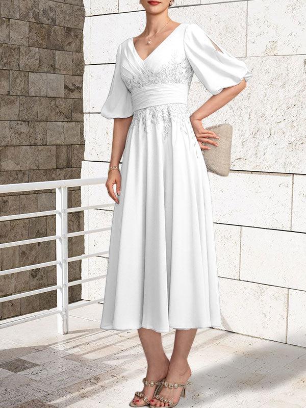 A-Linien Mutterkleid mit V-Ausschnitt, tea-length, Spitze und Chiffon mit Falten