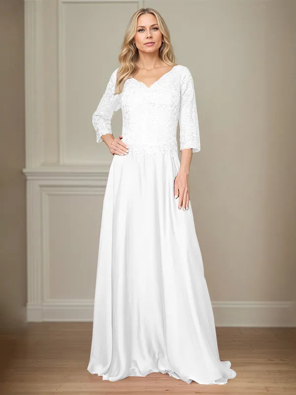 A Line Chiffon V Neck 3/4 Sleeves Floor-Length Mother Of The Bride Dress With Appliques