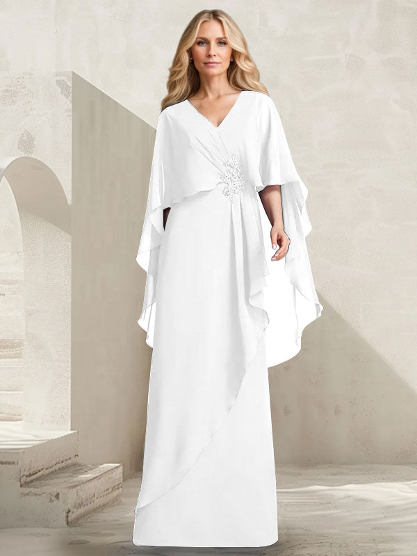 Robe mère de la mariée longue en chiffon coupe trapèze à col en V avec volants en cascade et perles