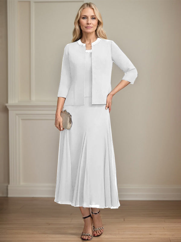 Separates A-Linien Chiffonkleid mit Rundhalsausschnitt, tea-length, Mutter der Braut mit Pailletten und Perlen