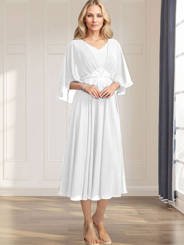 Robe de mère de la mariée en mousseline, longueur thé, col en V, en ligne A, avec appliques plissées, sequins, dentelle et perles