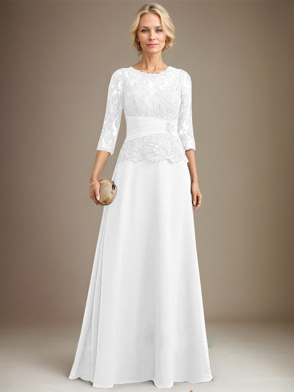 A-Linien Kleid mit Scoop-Ausschnitt, Illusion, bodenlangem Chiffon und Spitze, Mutter-der-Braut-Kleid mit plissierten Pailletten und Perlenbesatz