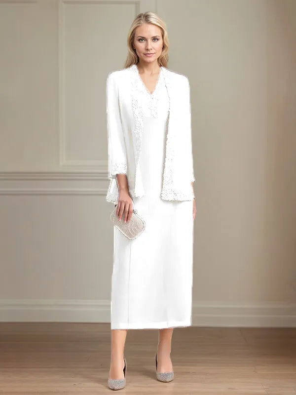 Etui/Column Chiffon V-Ausschnitt 3/4 Ärmel Tea-Length Kleid für die Mutter der Braut