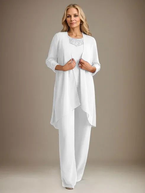 Chiffon Kleid mit Rundhalsausschnitt und langen Ärmeln, Mutter-der-Braut Hosenanzug mit Jacke