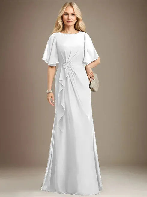 A-Linien Rundhals bodenlanges Chiffon Mutter der Braut Kleid mit kaskadierenden Rüschen Perlen Pailletten