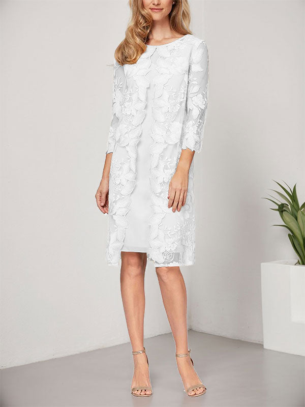 Robe mère de la mariée ligne A en mousseline et dentelle, longueur genou, col en U, avec veste