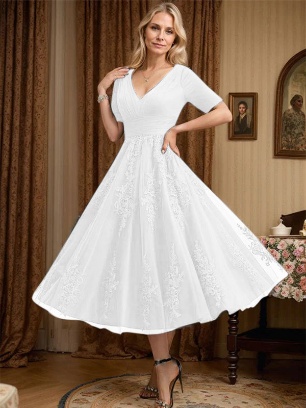A-line V-Neck Tea-Length Tulle Lace Mother of the Bride Dress With Pleated
