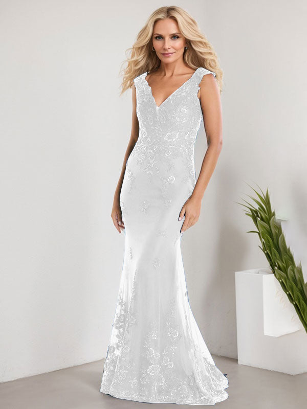A-Linien V-Ausschnitt bodenlanges Spitzen-Chiffon Kleid für die Brautmutter mit Applikationen und Pailletten Meerjungfrauenkleid