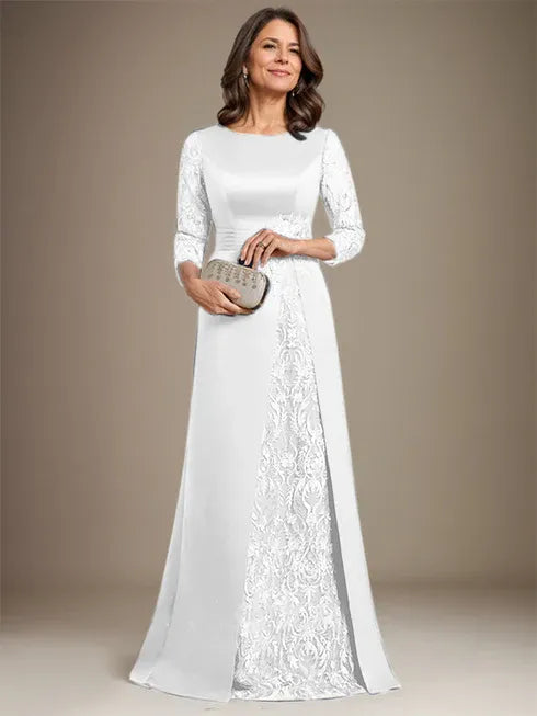 Vestido de madre de la novia largo hasta el suelo con encaje, satén, línea A, escote redondo y aplicaciones