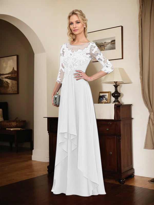 Robe mère de la mariée en ligne A avec col rond illusion, dentelle et chiffon longueur sol avec volants en cascade
