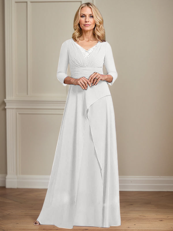 A-Linien Chiffon-Mutter-der-Braut-Kleid mit V-Ausschnitt, bodenlang, plissierte Perlenverzierung