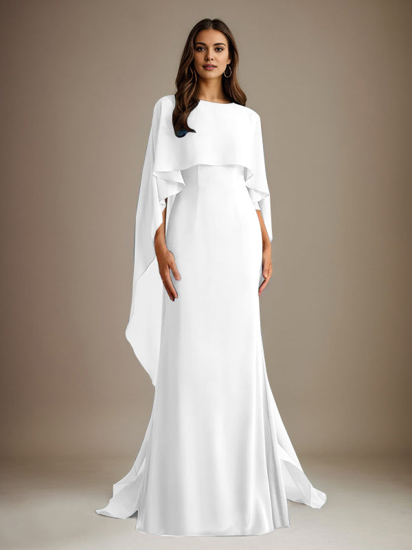 Etuikleid/Säulenkleid Bootsausschnitt bodenlanges Chiffon Mutter-des-Braut-Kleid mit kaskadierenden Rüschen