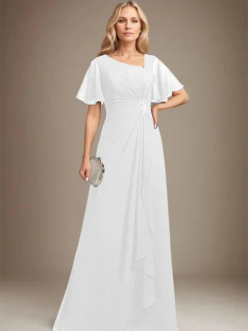 A-Linien asymmetrisches bodenlanges Chiffon Mutter-der-Braut-Kleid mit plissierten Perlen und Pailletten