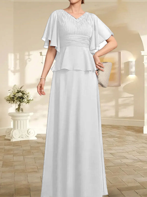 Robe mère de la mariée ligne A en chiffon longue au sol avec décolleté en V et perles plissées
