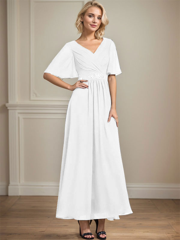 A-Linien V-Ausschnitt Knöchellanges Chiffon Kleid für die Brautmutter mit plissierten Perlen und Pailletten