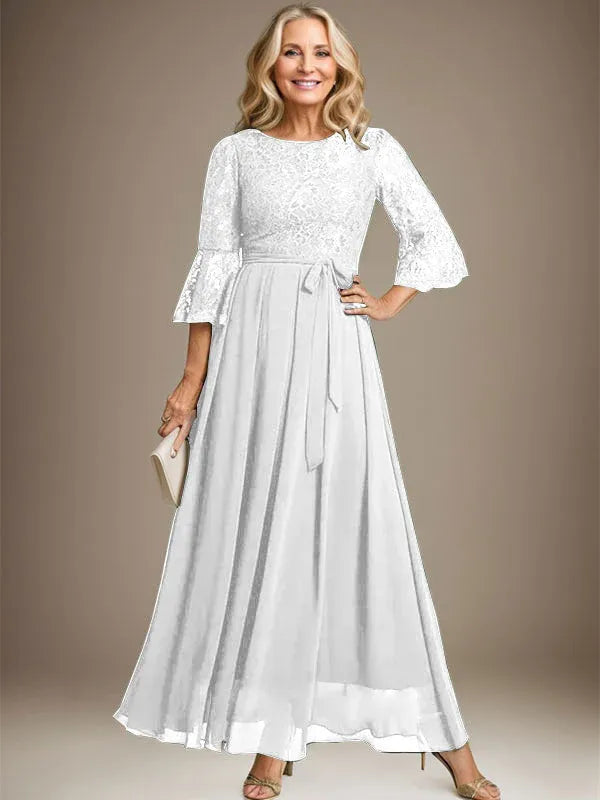 A-line Scoop Ankle-Length Lace Chiffon Mother of the Bride Dress With Bow