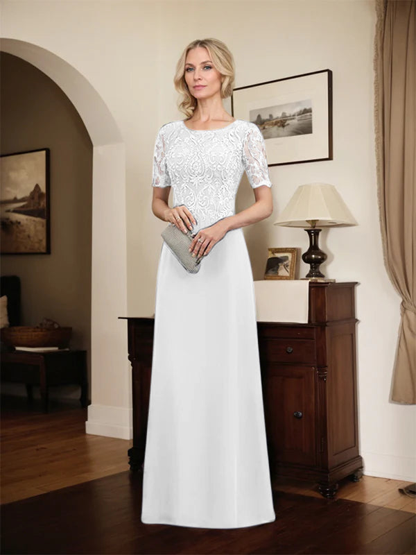 A-Linien Spitzen-Chiffon-Mutter-der-Braut-Kleid mit Rundhalsausschnitt, bodenlang und Pailletten