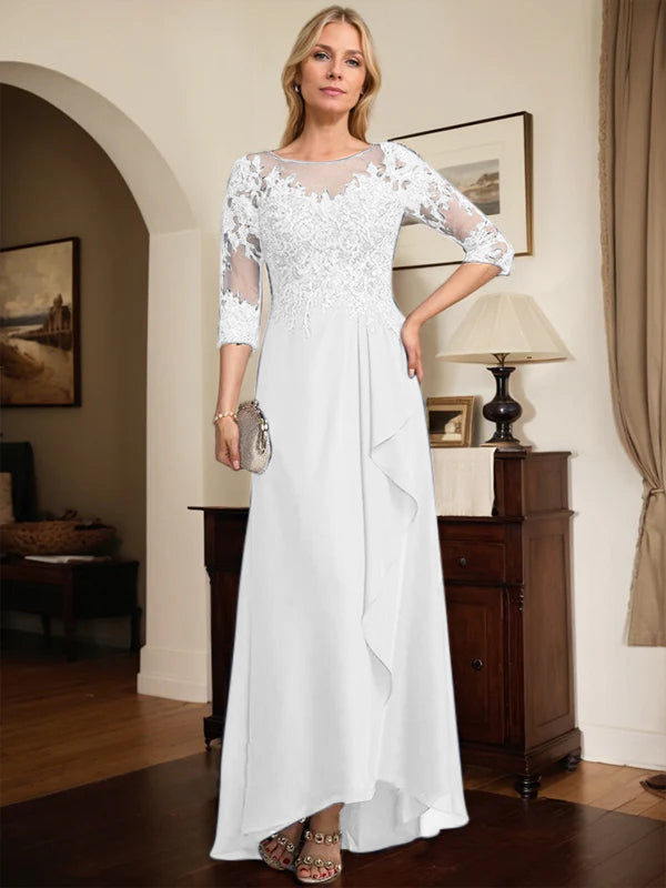 A-Linien Rundhals Illusions-Asymmetrische Spitze Chiffon Brautmutterkleid mit Pailletten und fallenden Rüschen