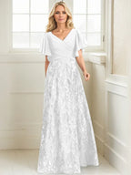 Vestido de madre de la novia en línea A con escote en V, largo hasta el suelo, encaje, lentejuelas y gasa plisada