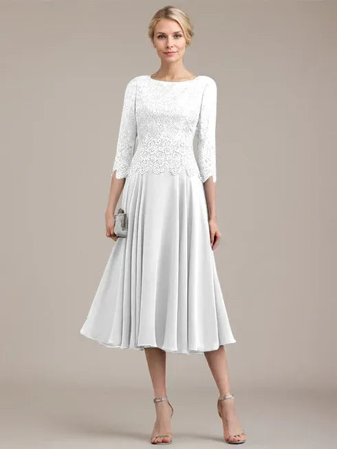 A-Linien Kleid mit Rundhalsausschnitt, tea-länge, Spitze und Chiffon, Mutter der Braut Kleid